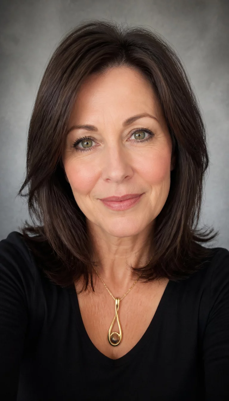 selfie of a 51 year old fair ethnicity woman with an oval face shape and straight nose. Her face skin has smooth skin. The eyes are almond eyes in green. She is wearing a black top and a unique gold pendant necklace with a sleek dark brunette mid length hairstyle, front view, studio background.