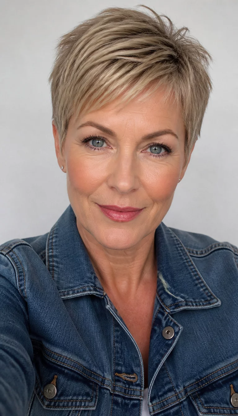 selfie of a 52 year old fair ethnicity woman with a heart shaped face and straight nose. Her face skin has smooth skin. The eyes are almond eyes in blue. She is wearing a denim jacket with a short textured pixie hairstyle, front view, light studio background.