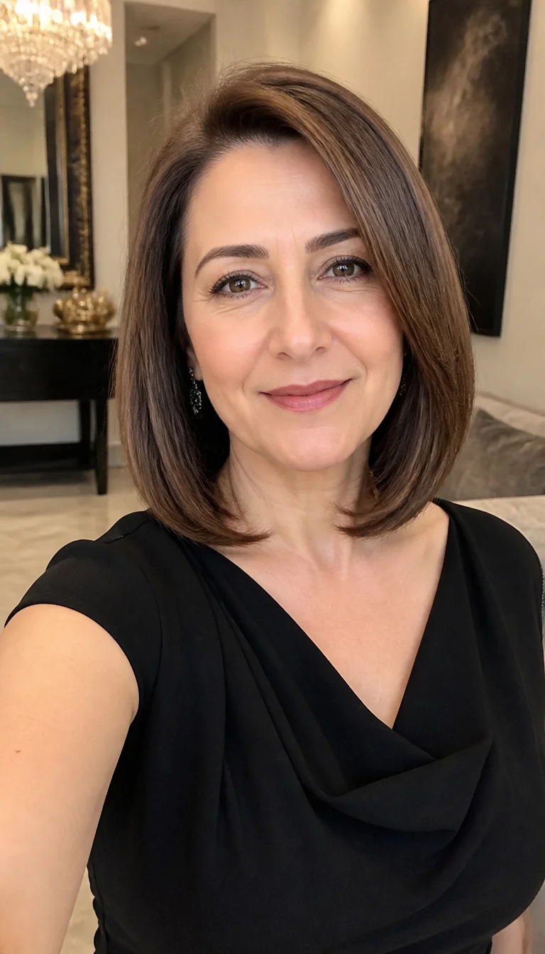 selfie of a 53 year old fair ethnicity woman with an oval face and straight nose. Her face skin has fair skin. The eyes are almond eyes in brown. She is wearing a black dress with a shoulder length brown hair styled in a sleek bob hairstyle, front view, elegant indoor setting.