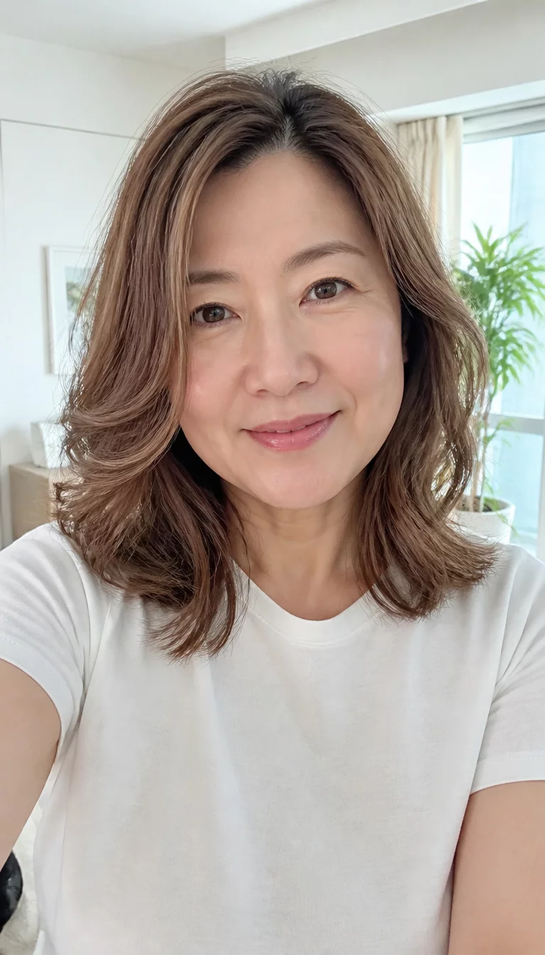selfie of a 51 year old East Asian ethnicity woman with a round face and straight nose. Her face skin has smooth skin. The eyes are almond eyes in brown. She is wearing a white t-shirt with a medium length wavy brown hair with blonde highlights hairstyle, front view, bright room background.