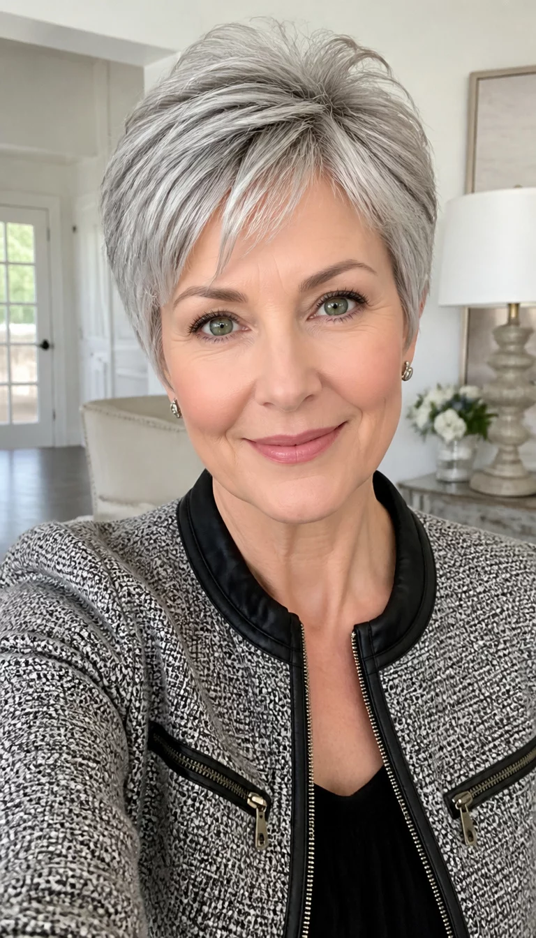 selfie of a 63 year old fair ethnicity woman with a heart shaped face and delicate nose. Her face skin has smooth skin. The eyes are almond eyes in green. She is wearing a stylish jacket with a short, textured silver hairstyle, front view, bright indoor background.