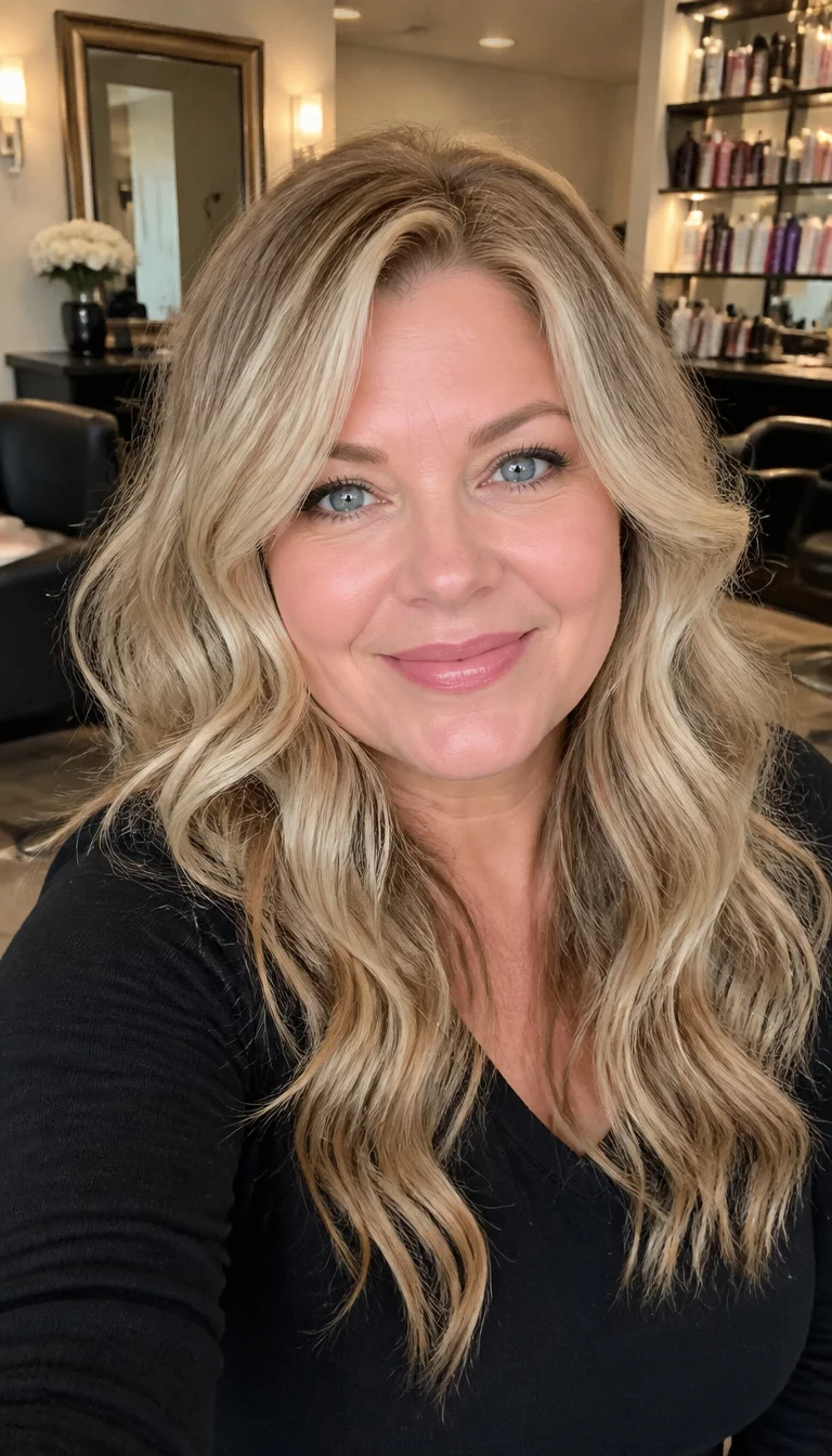 selfie of a 52 year old fair ethnicity woman with a round face shape and button nose. Her face skin has smooth skin. The eyes are almond eyes in blue. She is wearing a black top with a wavy blonde hair hairstyle, front view, salon background.