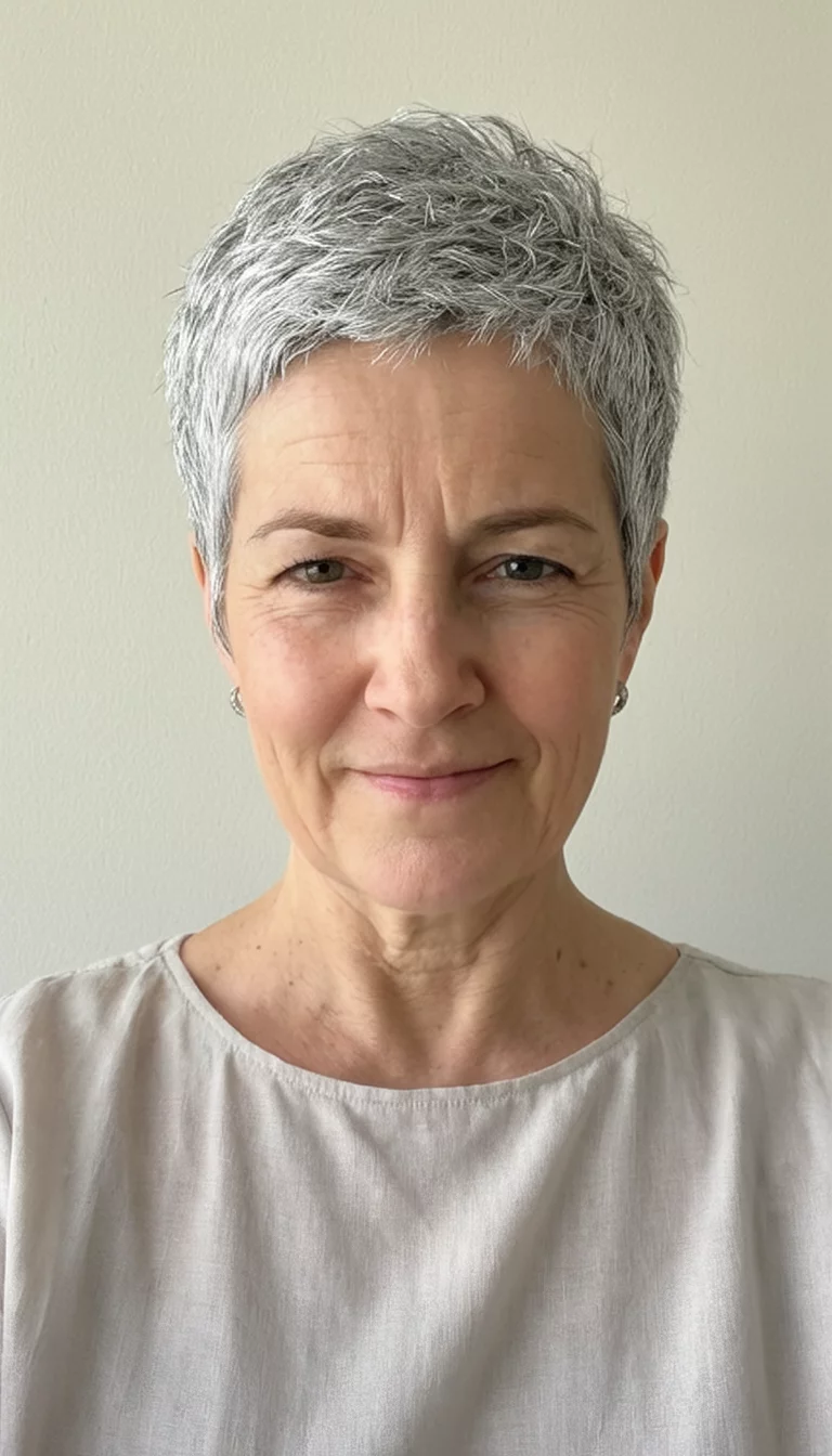 selfie of a 61-year-old woman wearing a simple blouse with a textured silver pixie hairstyle, front view, plain background
