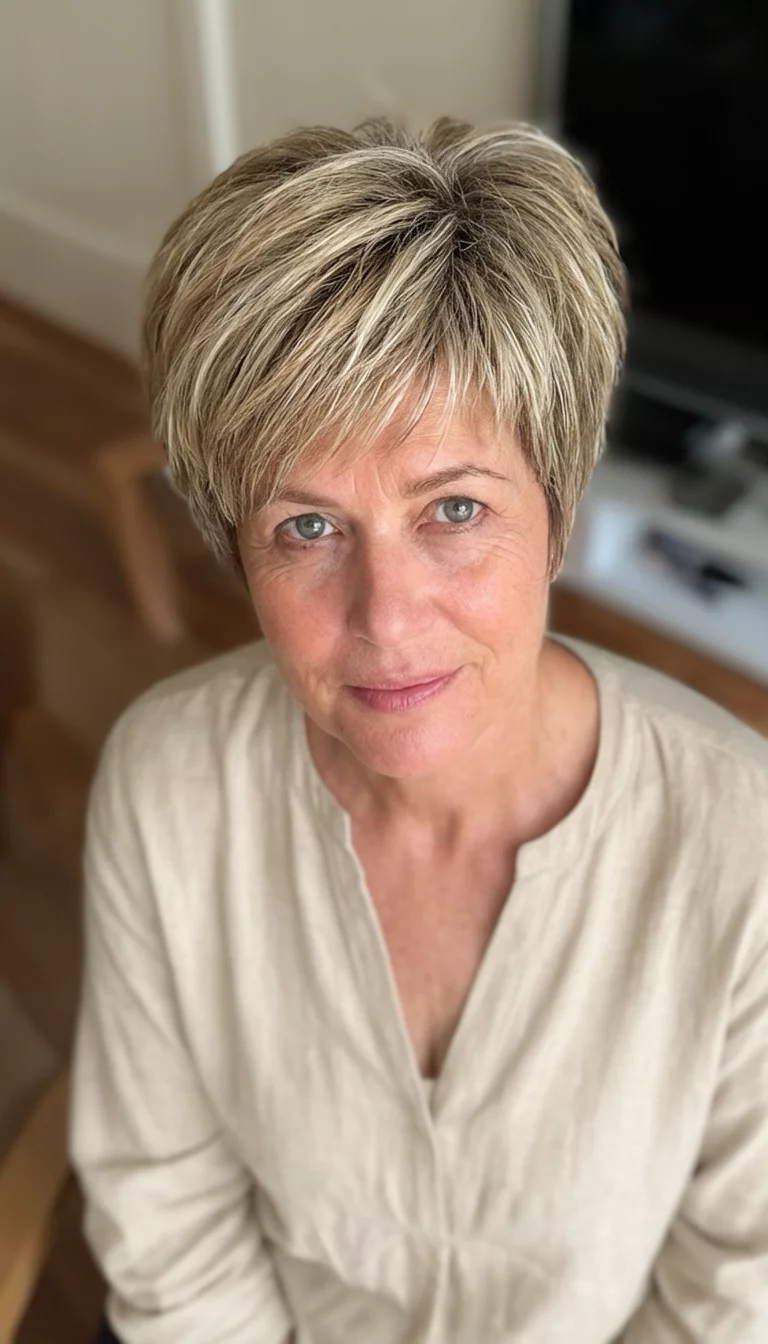 casual photo of a 60-year-old woman wearing a neutral blouse with a short, layered blonde hair with highlights hairstyle, high-angle front view, indoor background