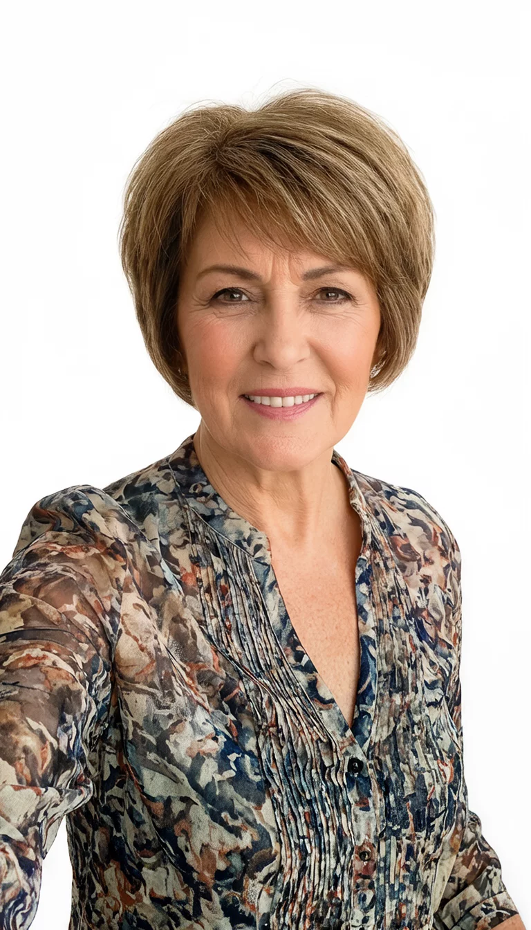 selfie of a 67-year-old woman wearing a stylish blouse with a chic short layered hairstyle, front view, white studio background