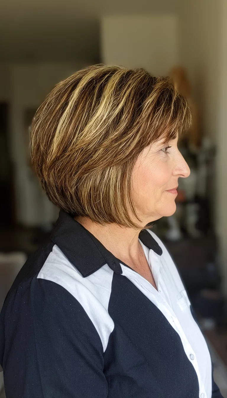 casual photo of a 62-year-old woman wearing a black and white collared shirt with a textured brown and blonde stacked bob hairstyle, side view, indoor background