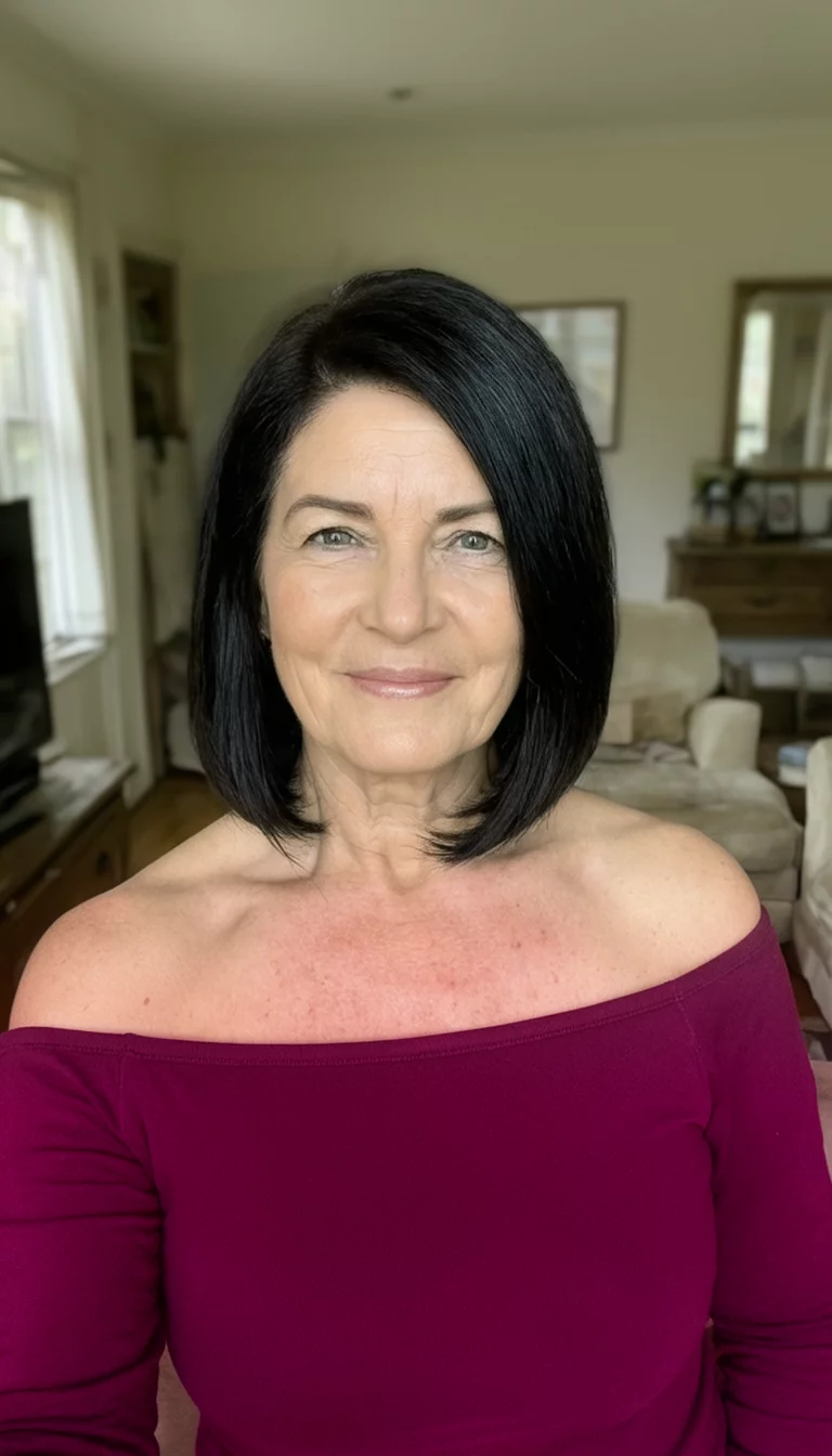 selfie of a 66-year-old woman wearing a burgundy off-the-shoulder top with a sleek dark hairstyle, front view, living room background