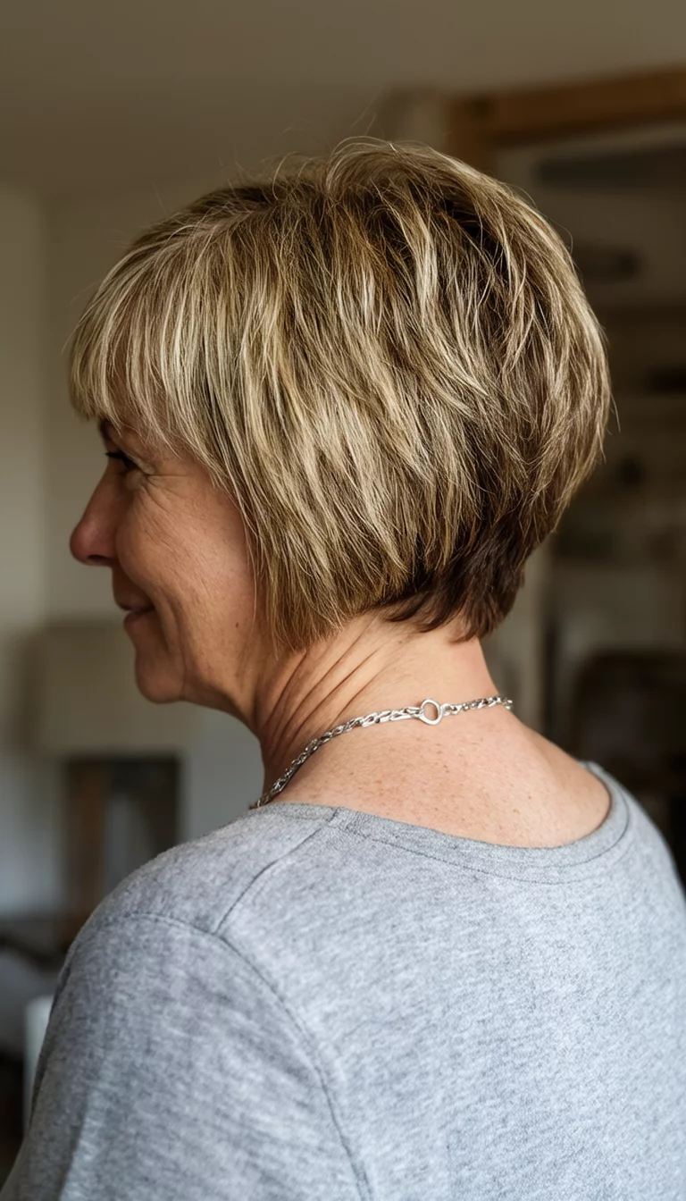 casual photo of a 60-year-old woman wearing a silver necklace with a short, textured blonde and brown bob hairstyle, back-right view, indoor background