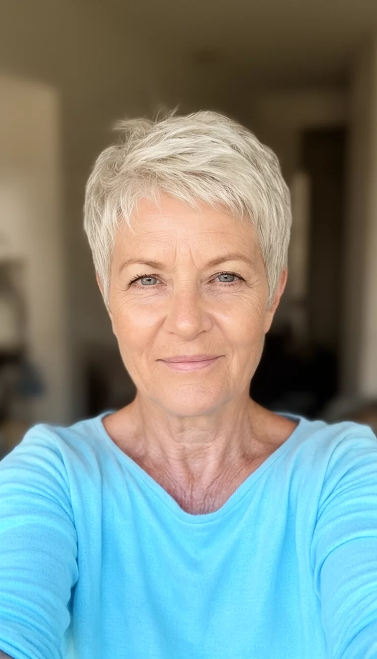 selfie of a 65-year-old woman wearing a light blue top with a short, icy blonde pixie cut hairstyle, front view, blurred indoor background