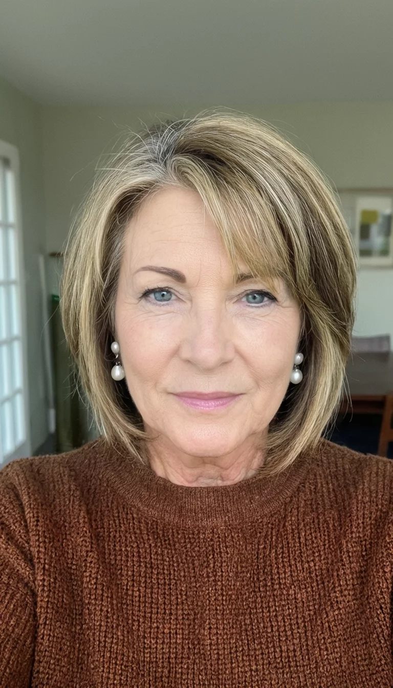 selfie of a 65-year-old woman wearing a brown sweater and pearl earrings with a layered blonde and brown mid-length hairstyle, front view, indoor background