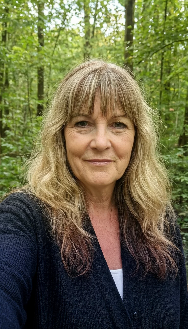 selfie of a 64-year-old woman wearing a dark cardigan with a long wavy blonde and brown hairstyle with bangs, front view, nature background