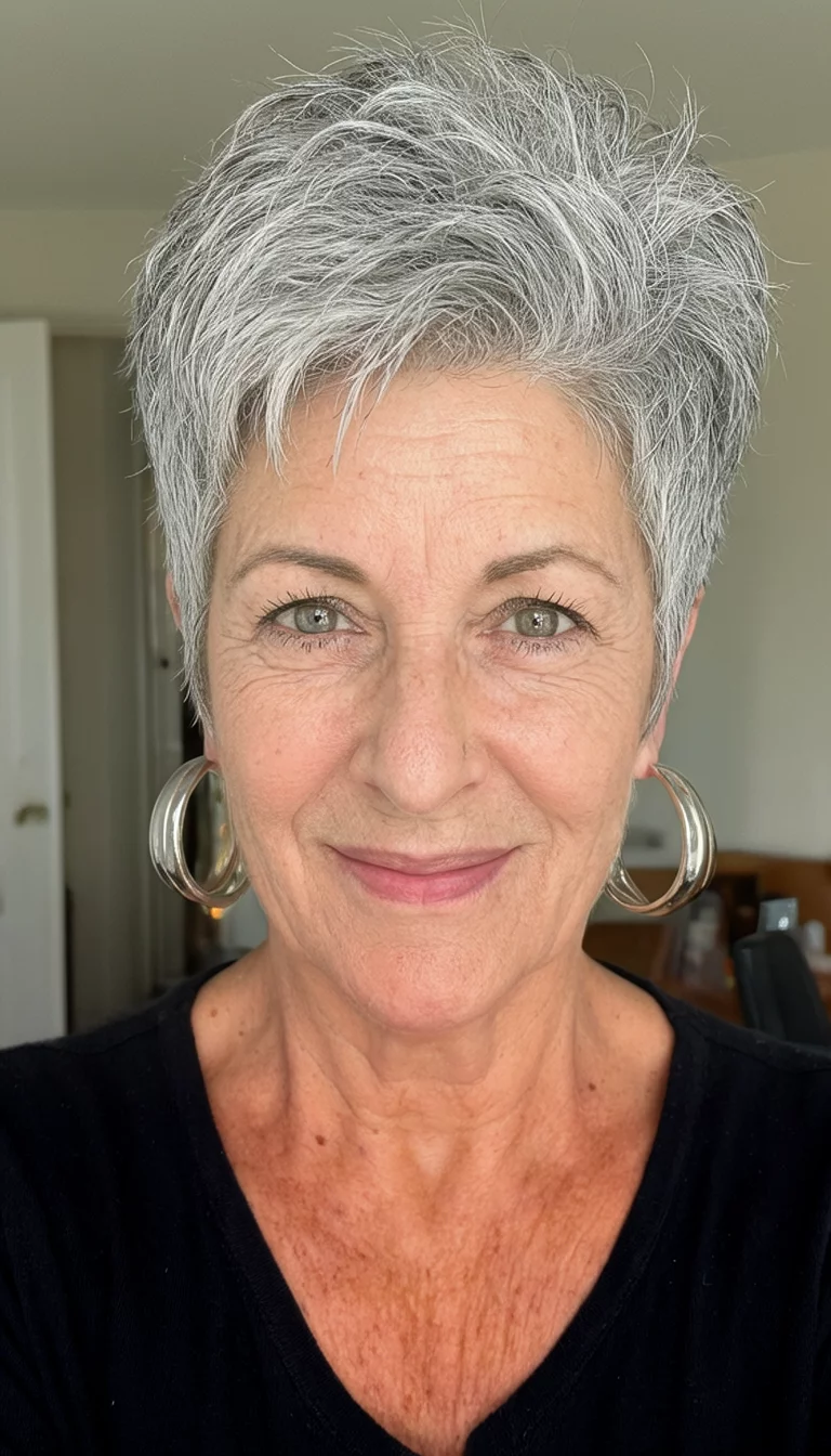 selfie of a 68-year-old woman wearing large hoop earrings with a voluminous grey pixie hairstyle, front view, indoor background
