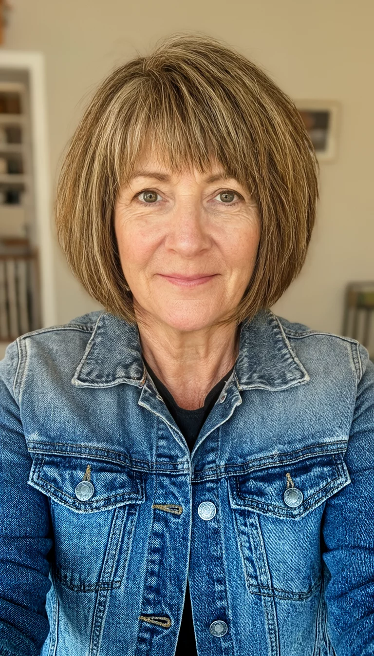 selfie of a 64-year-old woman wearing a denim jacket with a short bob shag hairstyle, front view, casual background