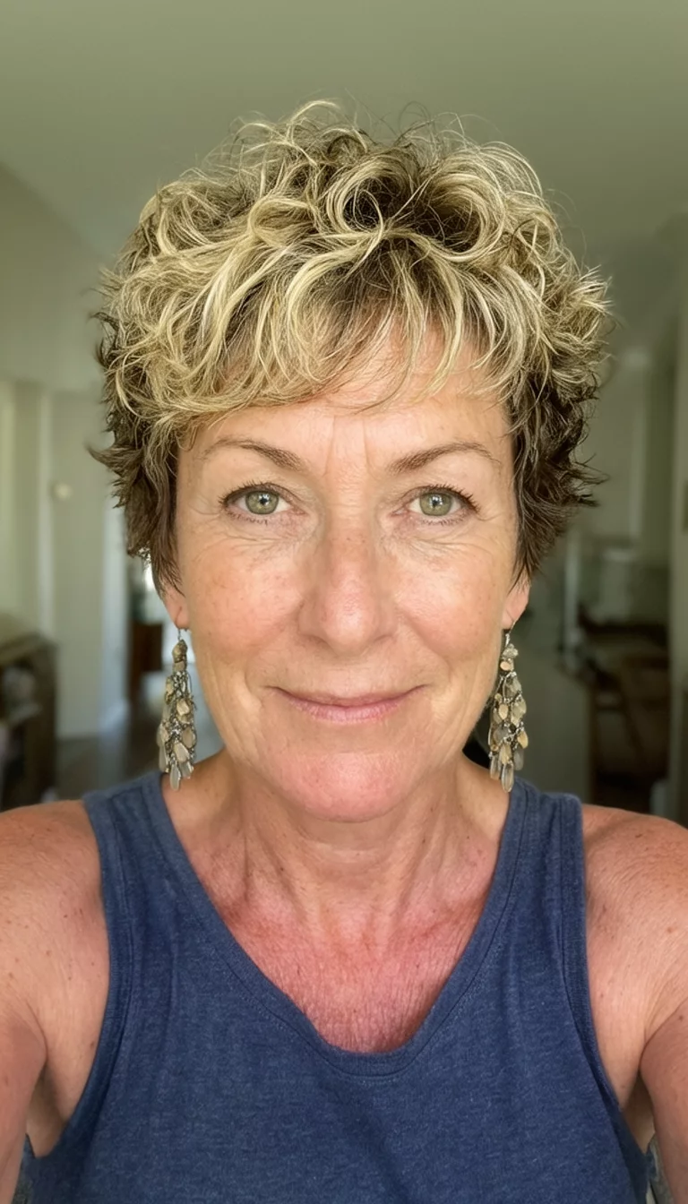 selfie of a 61-year-old woman wearing a sleeveless top and striking earrings with a short, choppy blonde and brown curly pixie hairstyle, front view, indoor background