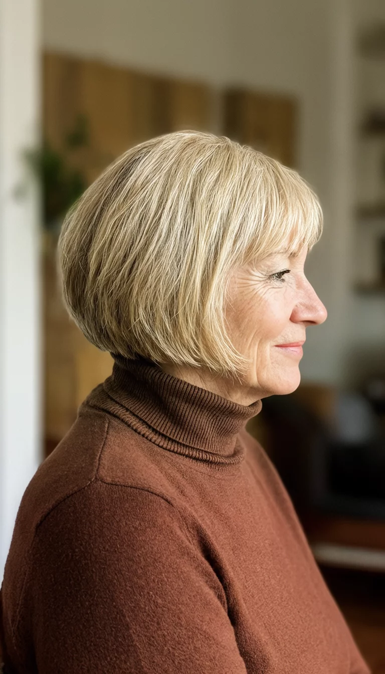 casual photo of a 63-year-old woman wearing a brown turtleneck with a textured blonde bob hairstyle, side view, indoor background