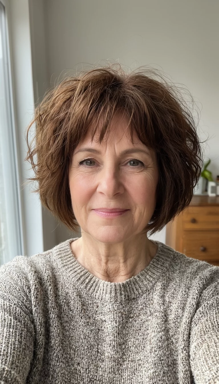 selfie of a 63-year-old woman wearing a casual sweater with a tousled brown bob hairstyle, front view, indoor background