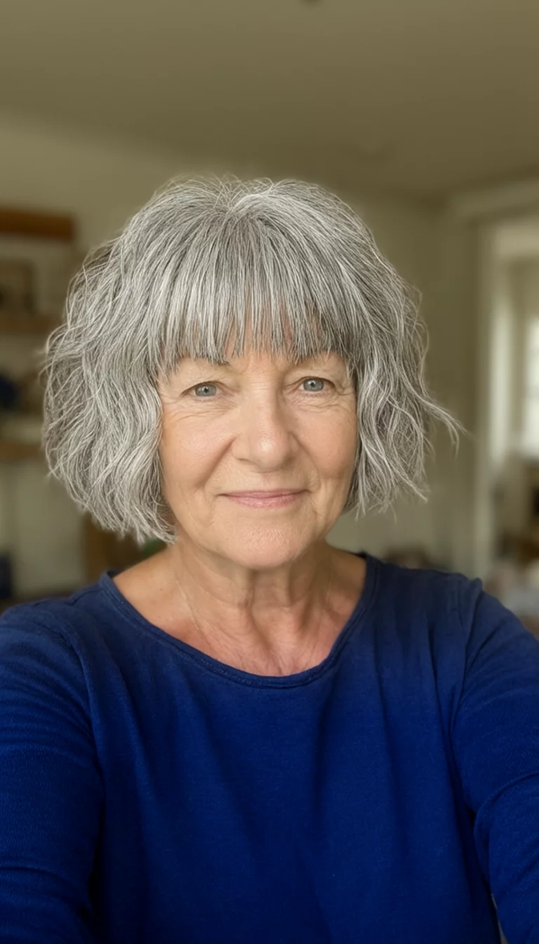 selfie of a 69-year-old woman wearing a dark blue top with a short, choppy grey hairstyle and bangs, front view, indoor background