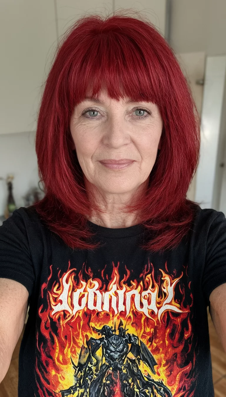 selfie of a 66-year-old woman wearing a graphic t-shirt with a fiery red, layered mid-length hairstyle and bangs, front view, indoor background