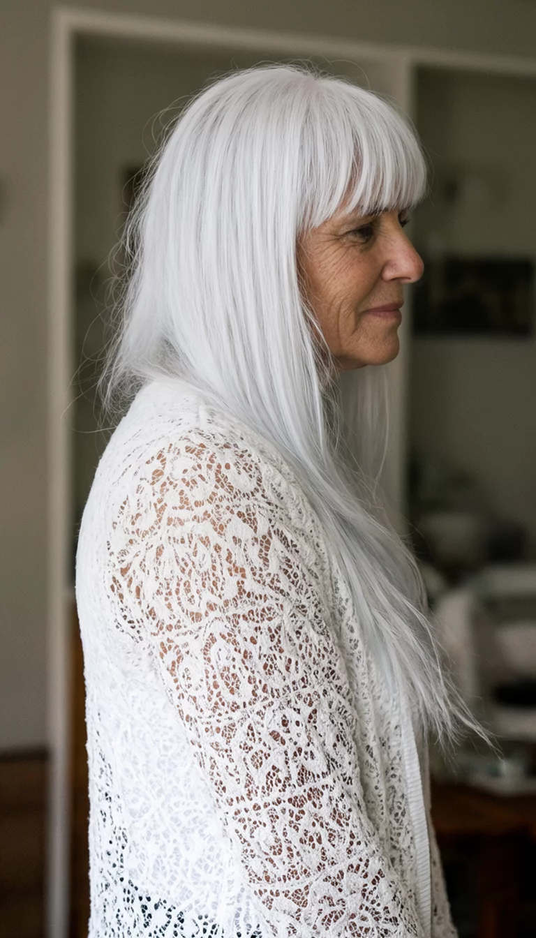 casual photo of a 67-year-old woman wearing a white lace cardigan with a long, flowing white layered hairstyle and bangs, side view, indoor background