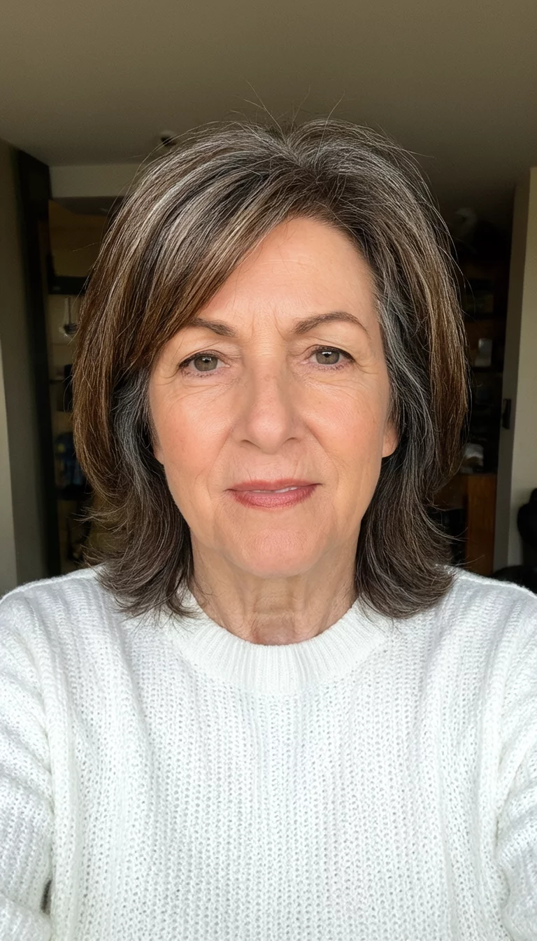 selfie of a 62-year-old woman wearing a white sweater with a layered brown and grey hairstyle, front view, indoor background