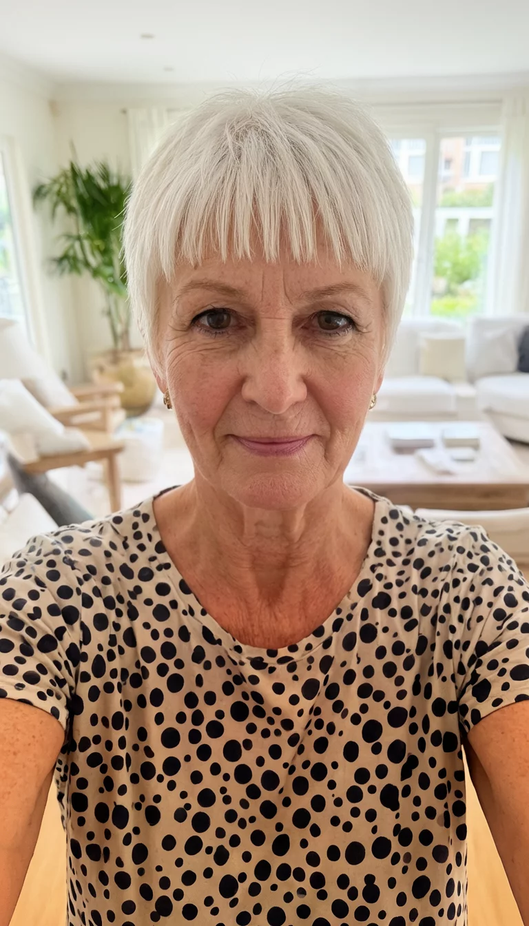 Platinum Pixie With Delicate Bangs selfie of a 70-year-old woman wearing a polka dot top with a short, platinum blonde pixie hairstyle with baby bangs, front view, bright living room background