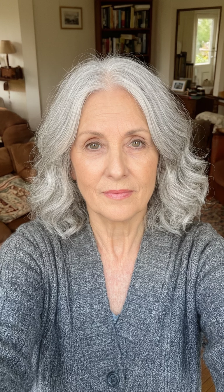 The Wavy Medium Cardigan Chic selfie of a 75-year-old woman wearing a gray cardigan with a wavy, medium-length silver hairstyle with a center part, front view, cozy home background