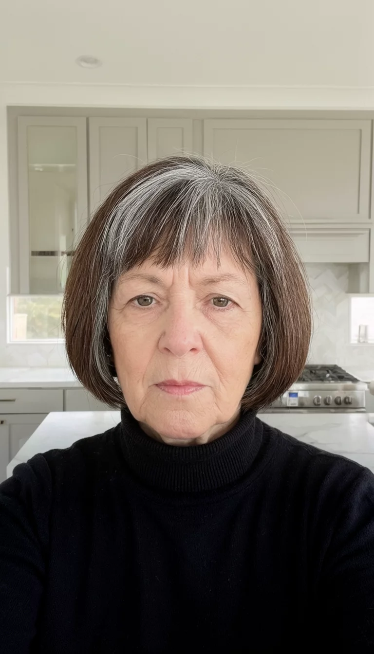 The Dark Bob With Silver Threads selfie of a 74-year-old woman wearing a black turtleneck with a dark brown bob hairstyle featuring subtle gray streaks, front view, modern kitchen background