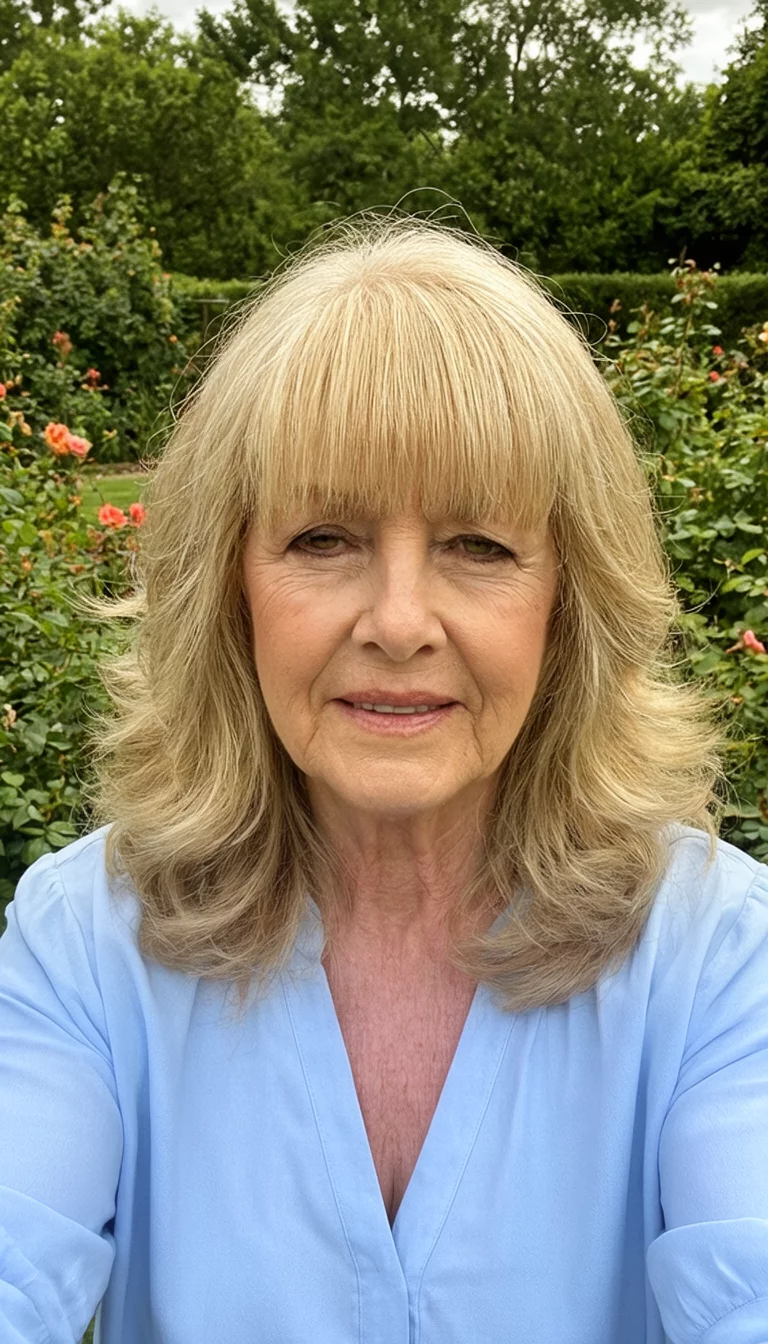 selfie of a 71-year-old woman wearing a pale blue blouse with a medium-length blonde hairstyle featuring soft waves and straight-across bangs, front view, garden background