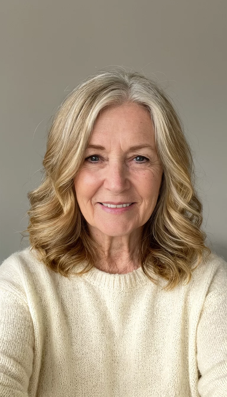 The Multi Tone Blonde Wave selfie of a 71-year-old woman wearing a cream sweater with a medium-length blonde hairstyle featuring golden highlights and soft beach waves, front view, neutral portrait background