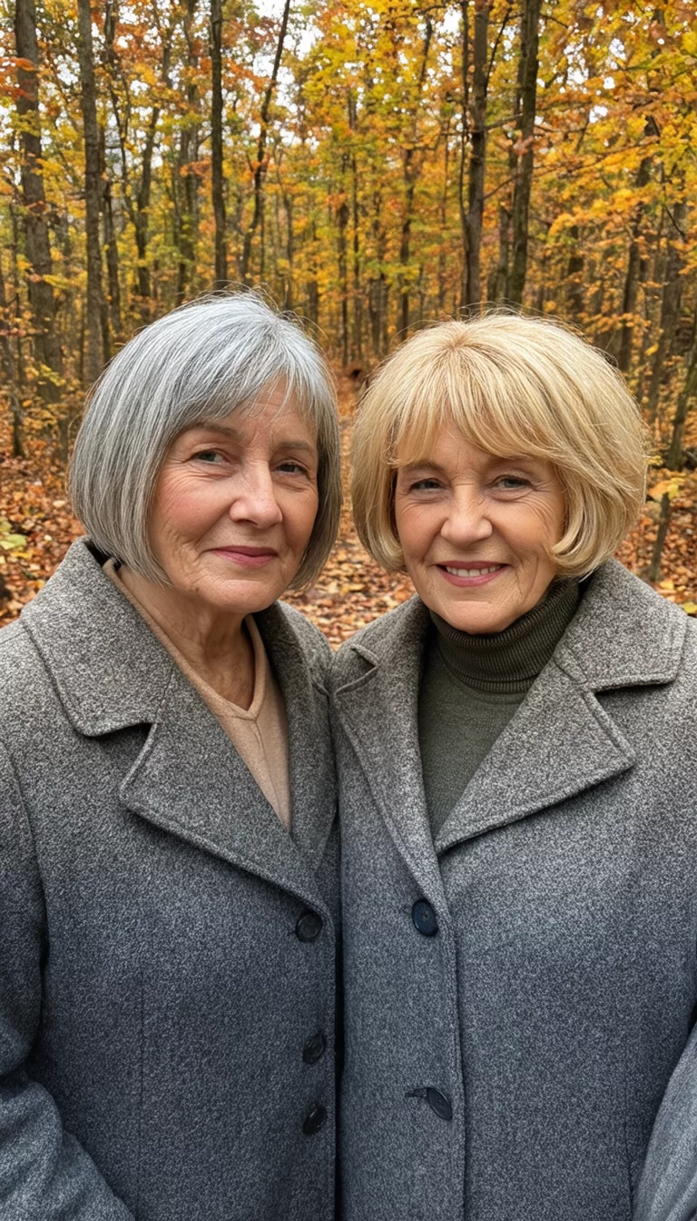 Dual Bob Tones For Autumn selfie of two women in their 70s wearing wool coats with one wearing a short gray bob and the other wearing a layered blonde bob, front view, autumn forest background