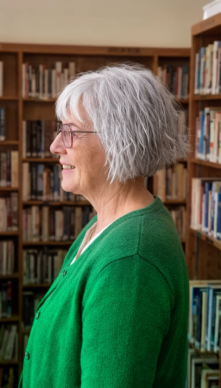 Short Choppy Silver With Glasses casual photo of a 74-year-old woman wearing a green cardigan and glasses with a short, choppy silver bob hairstyle, side view, library background
