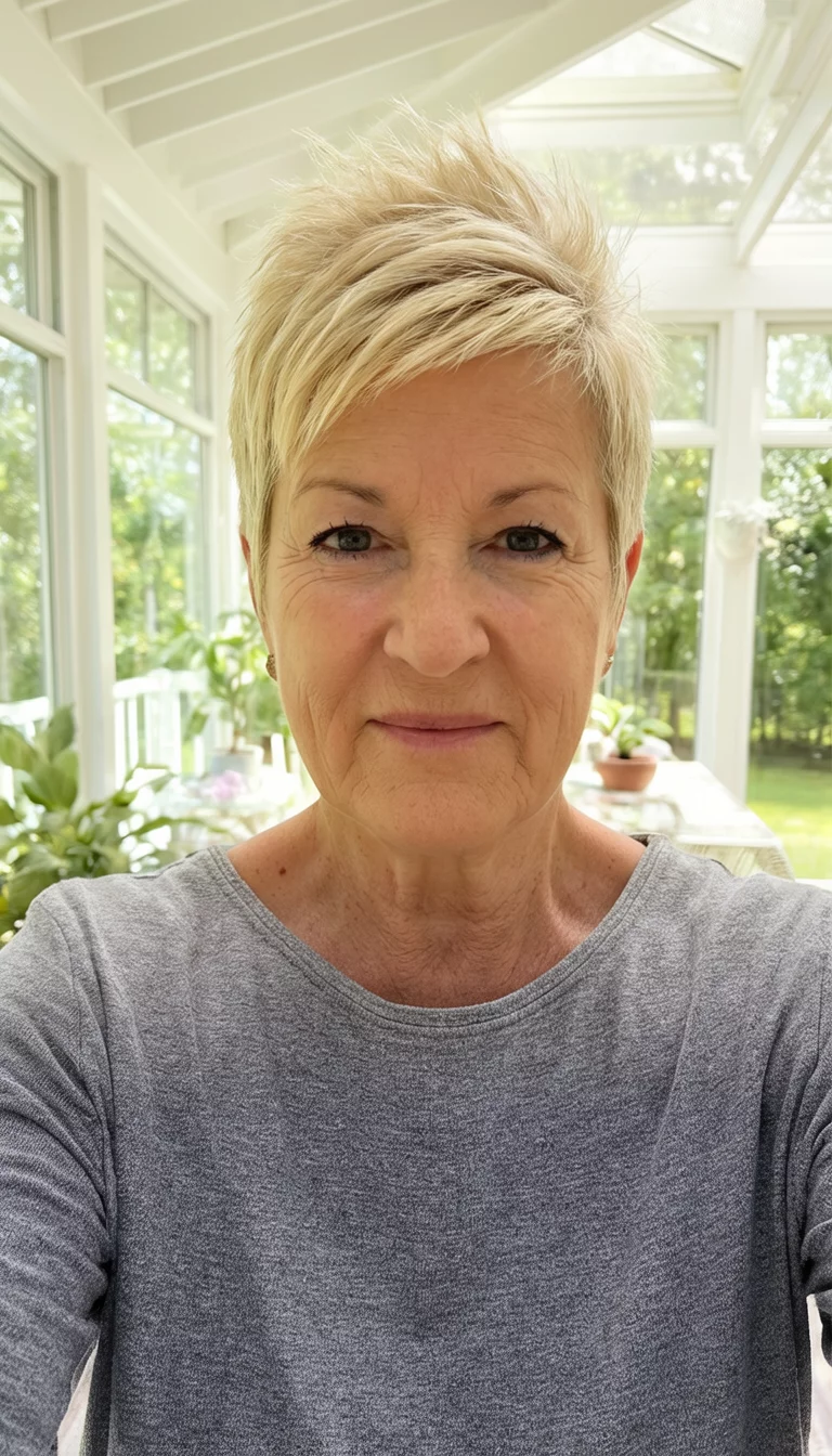 The Bright Blonde Pixie Lift selfie of a 73-year-old woman wearing a gray top with a short, layered blonde pixie hairstyle with height at the crown, front view, airy sunroom background