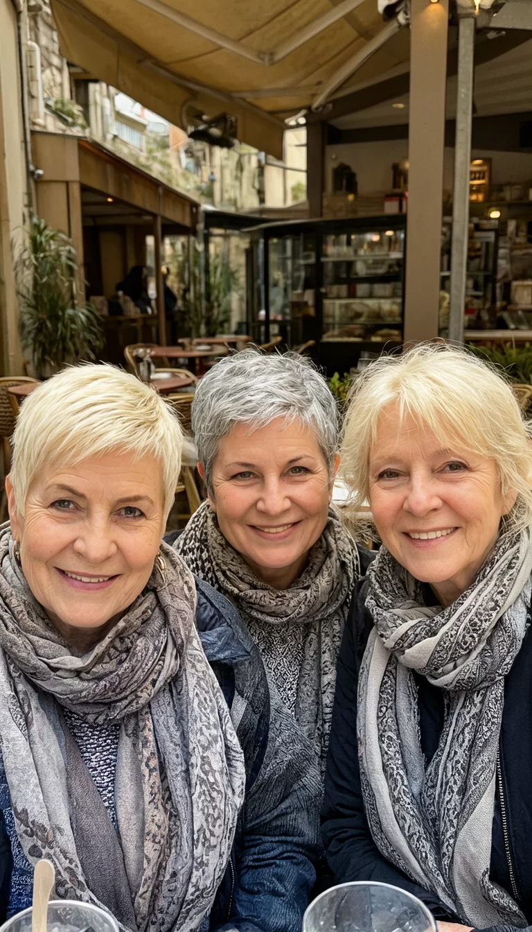 Textured Pixie Power selfie of three women in their 70s wearing scarves with a layered blonde pixie, a textured gray cut, and a wispy blonde style, front view, outdoor cafe background