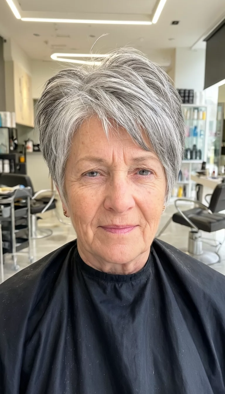 The Feathered Salon Finish selfie of a 73-year-old woman wearing a salon cape with a short, feathered gray hairstyle with wispy layers directed backward, front view, hair salon background