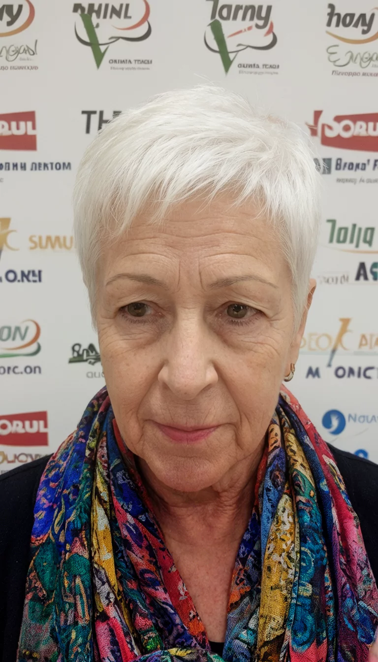 The Pristine White Cropped Cut casual photo of a 78-year-old woman wearing a colorful scarf with a short, white pixie hairstyle with a clean-cut nape, front view, branded backdrop background