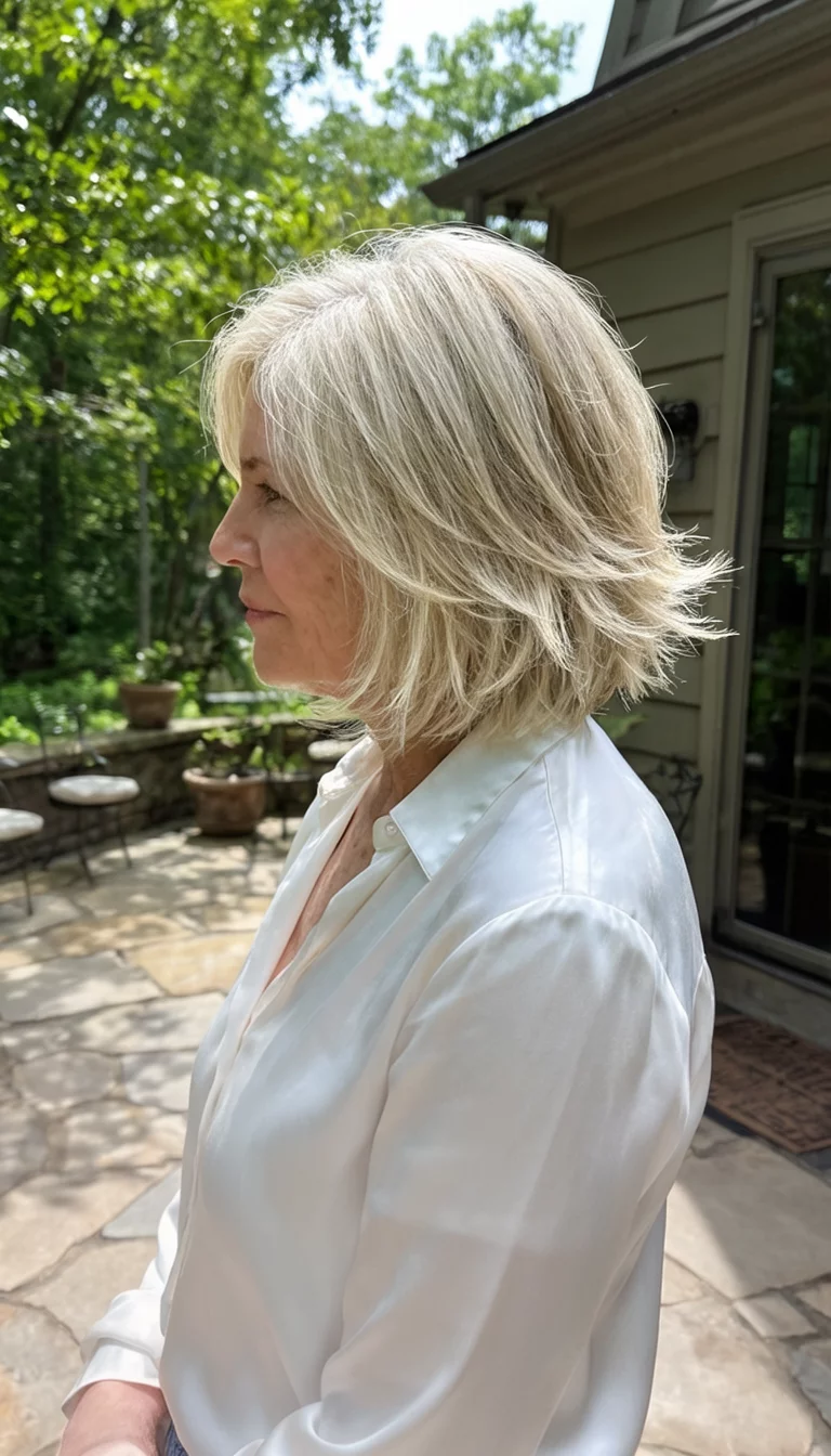 The Sunlight Blonde Layered Bob casual photo of a 72-year-old woman wearing a white silk shirt with a layered, light blonde bob hairstyle with feathered ends, side view, sunlit patio background