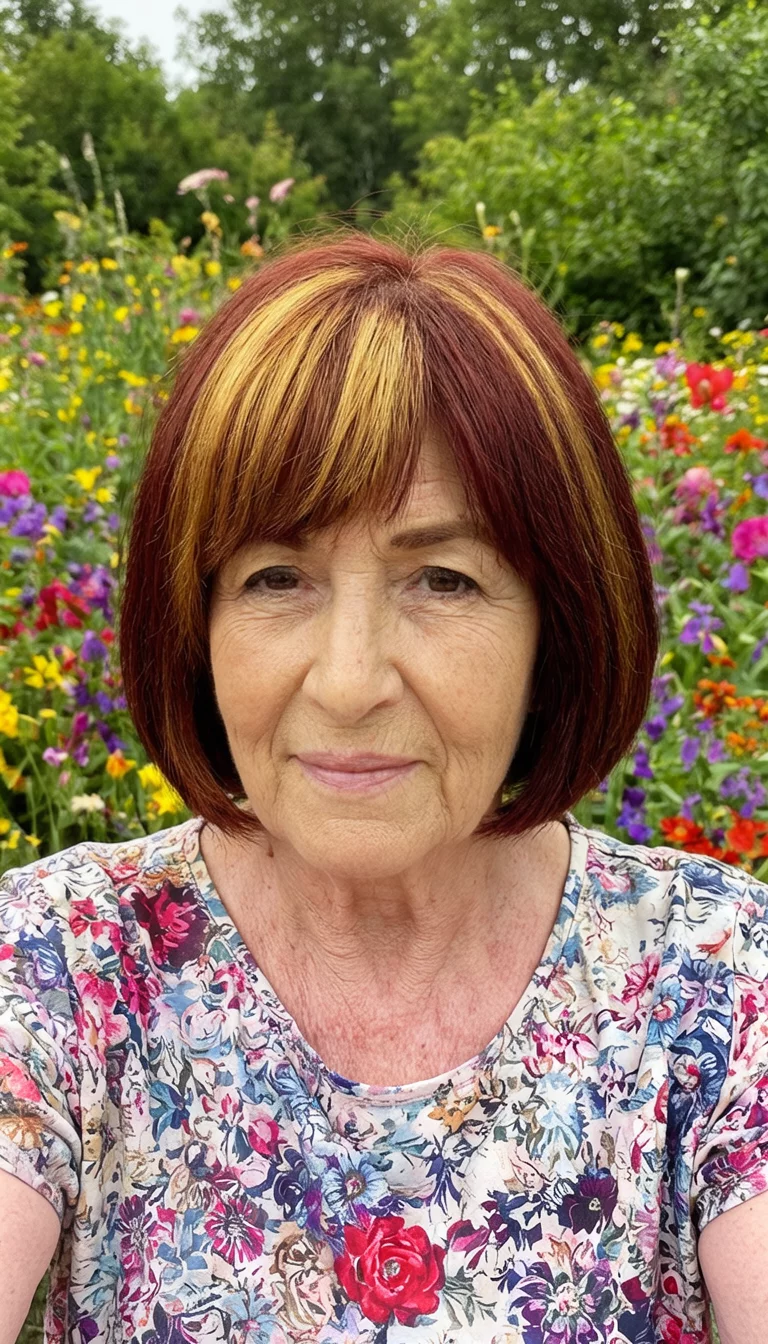 The Auburn Bob With Highlights selfie of a 70-year-old woman wearing a floral print top with a rich auburn bob hairstyle featuring golden highlights, front view, colorful garden background