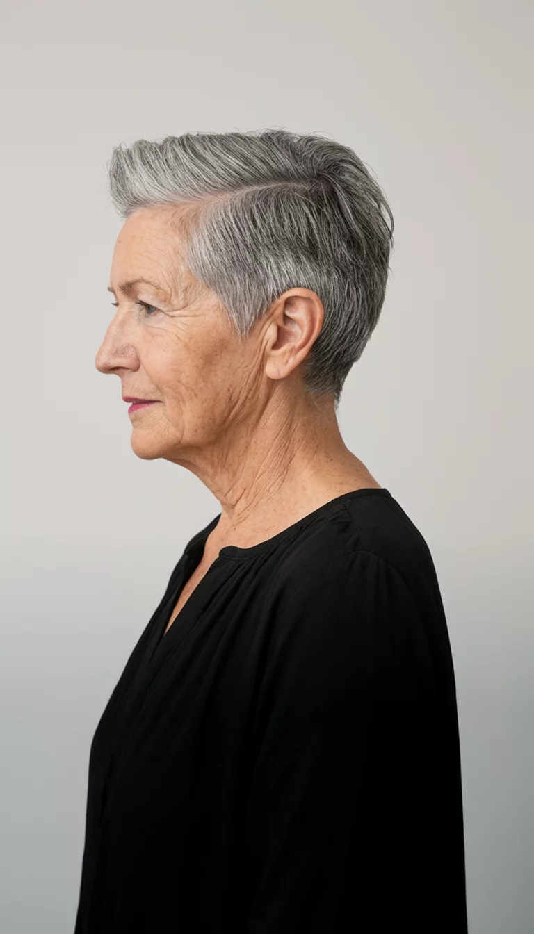 Side Profile Precision In Gray casual photo of a 74-year-old woman wearing a black blouse with a short, gray hairstyle featuring structured layers at the crown, side view, simple studio background