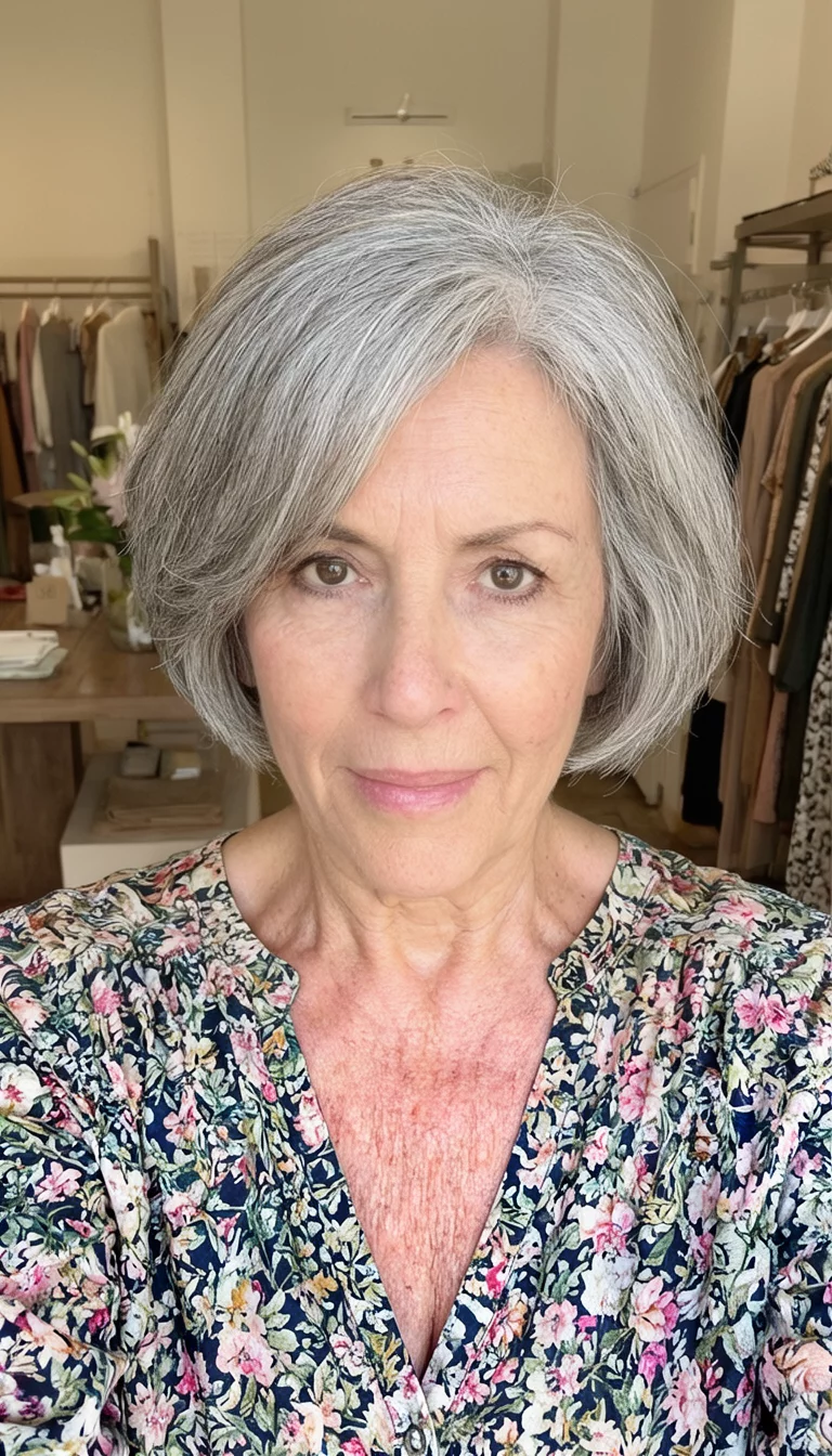 The Radiant Salon Gray Bob selfie of a 73-year-old woman wearing a floral blouse with a short, layered gray bob hairstyle with soft volume, front view, boutique background