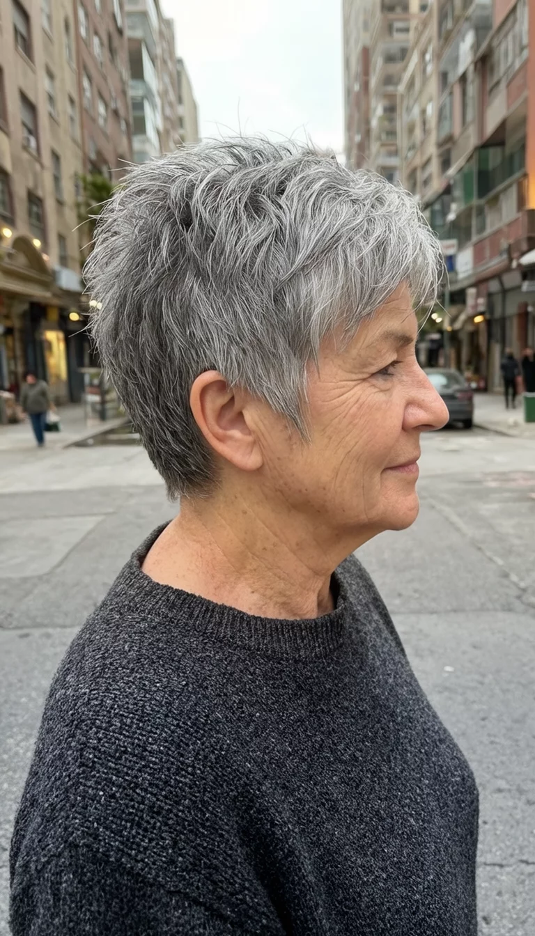 Textured Gray Minimalist Cut casual photo of a 77-year-old woman wearing a charcoal sweater with a short, textured gray hairstyle with piecey layers, side view, urban street background