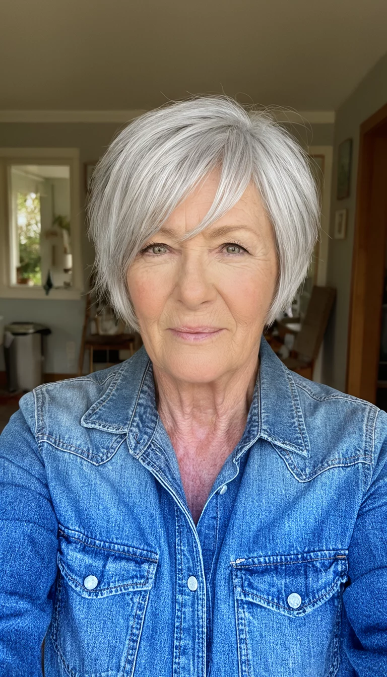 Silver Layers With Denim Ease selfie of a 75-year-old woman wearing a denim shirt with a short, layered silver hairstyle with side-swept fringe, front view, indoor home background