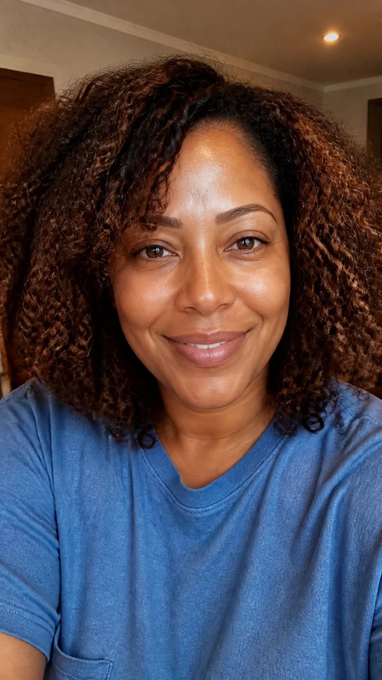 selfie of a 49-year-old Afro-Caribbean woman with a pear-shaped face, light, upturned nose, thick natural eyebrows, and heart-shaped lips. Her face features uneven eyebrows, a few laugh lines, and subtle natural facial asymmetry. She has almond-shaped amber eyes, pronounced cheekbones, broad smile, relaxed. She is average and is wearing a denim blue oversized t-shirt with medium brown hair with warm cinnamon copper highlights thick natural curly hair, warm indoor lighting, indoor