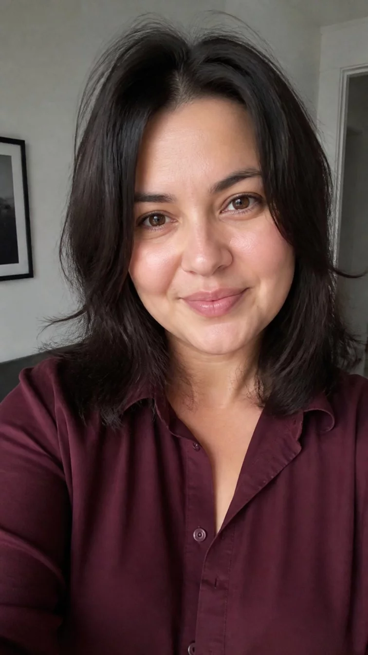 selfie of a 33-year-old Eastern European woman with a round face, tan, upturned nose, straight eyebrows, and wide lips. Her face features uneven eyebrows, slightly flushed cheeks, and subtle natural facial asymmetry. She has upturned brown eyes, rounded cheeks, subtle smile, relaxed. She is average and is wearing a burgundy oxford shirt with near-black brown with cool clove highlights medium length shaggy cut, overcast daylight, indoor