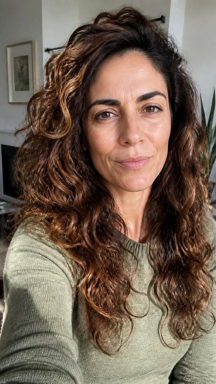selfie of a 49-year-old Mediterranean woman with a pear-shaped face, deep brown, rounded nose, thick natural eyebrows, and thin lips. Her face features slightly crooked smile, faint under-eye shadows, and subtle natural facial asymmetry. She has upturned dark brown eyes, pronounced cheekbones, neutral expression, confident. She is athletic and is wearing a sage green sweater with dark chocolate brown with bright copper highlights voluminous curls, bright natural daylight, indoor
