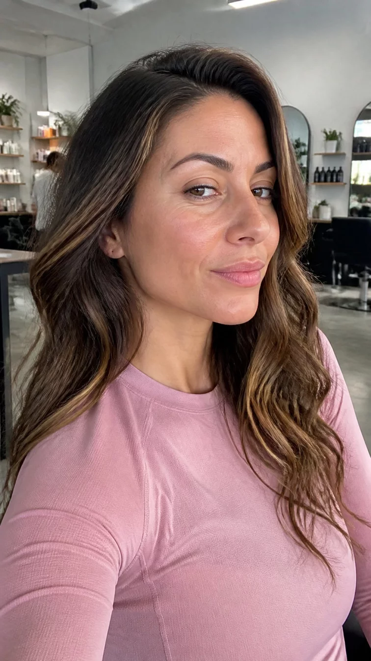 selfie A side photo of a 30-year-old Mediterranean woman with a heart-shaped face, light, rounded nose, thin arched eyebrows, and heart-shaped lips. Her face features widow's peak hairline, a few laugh lines, and subtle natural facial asymmetry. She has monolid amber eyes, soft cheekbones, closed-mouth smile, thoughtful. She is athletic and is wearing a blush pink athletic performance shirt with medium brown with thick butterscotch highlights long wavy hair, overcast daylight, hair salon