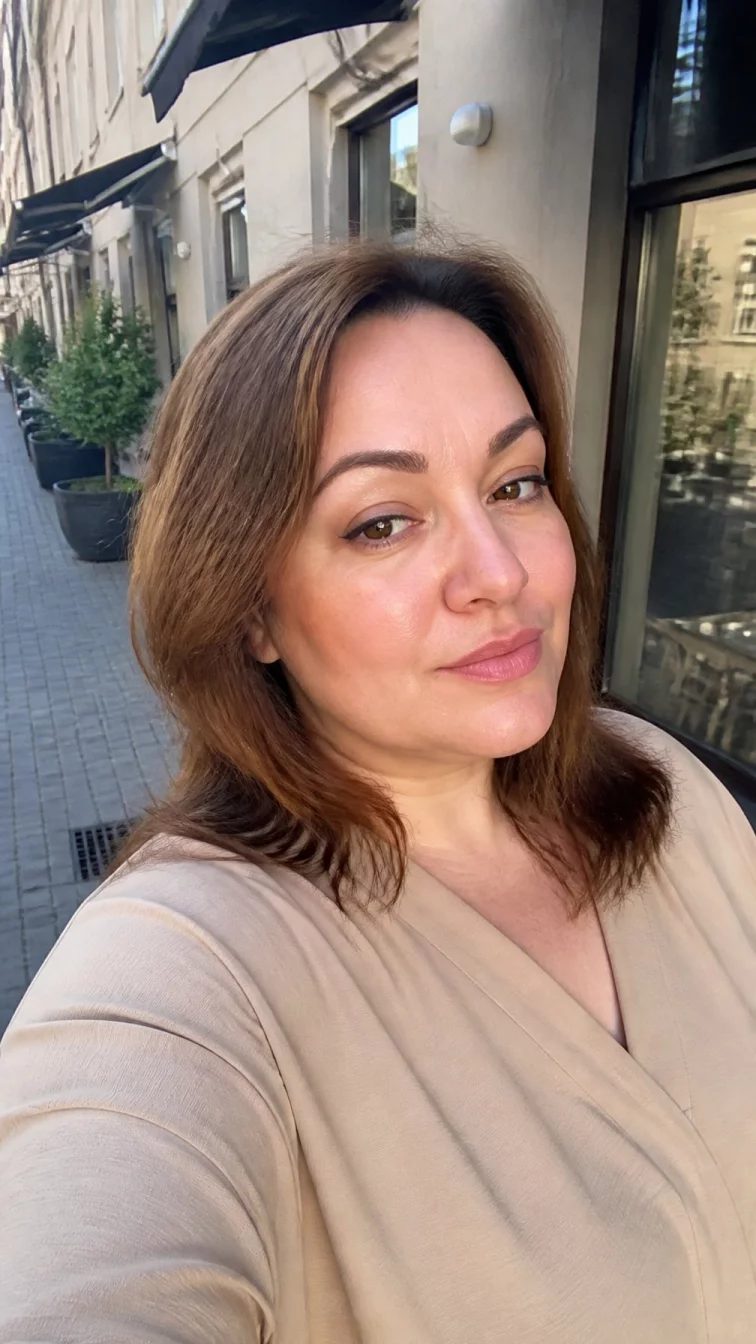 selfie A side photo of a 42-year-old Eastern European woman with a round face, golden brown, rounded nose, softly curved eyebrows, and heart-shaped lips. Her face features uneven eyebrows, a few laugh lines, and subtle natural facial asymmetry. She has downturned gray eyes, high cheekbones, neutral expression, playful. She is plus-size and is wearing a beige tunic top with dark brown melting into soft chestnut ends shoulder-length layered hair, warm indoor lighting, outdoor