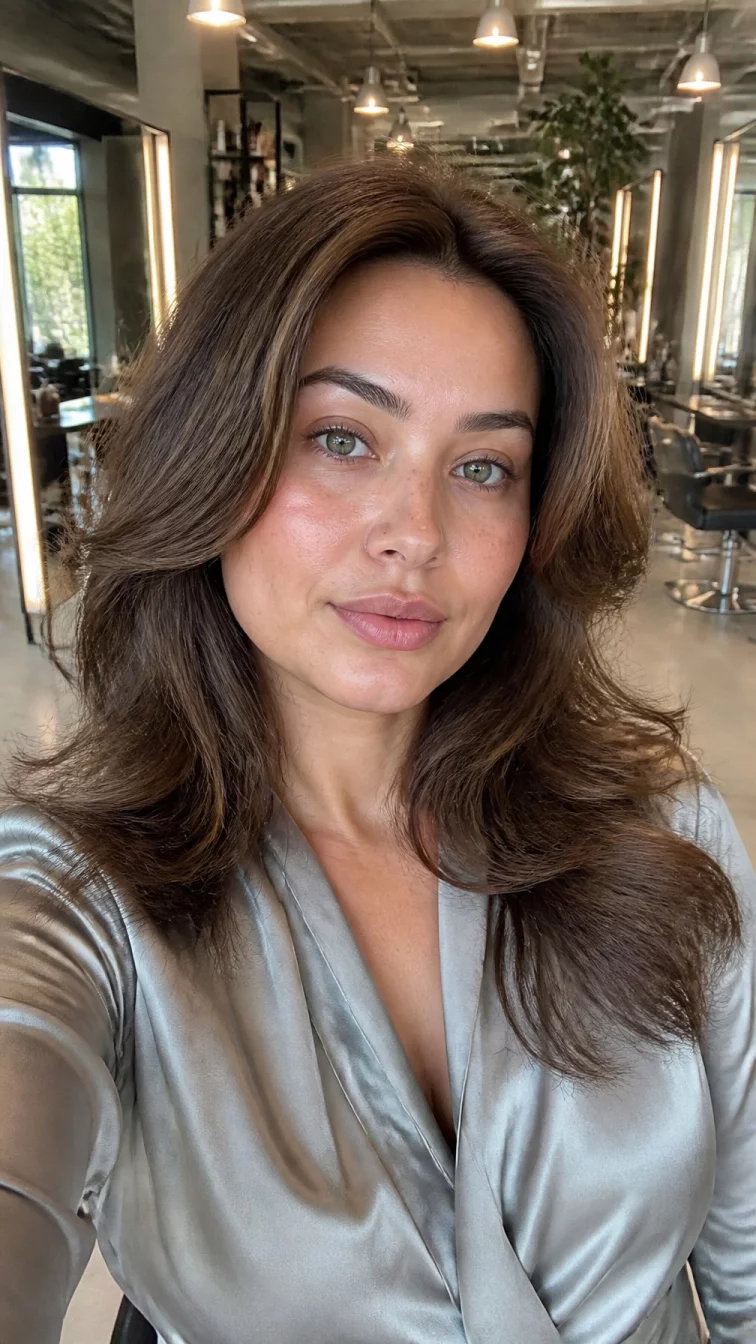 selfie of a 31-year-old Middle Eastern woman with a oblong face, light, broad nose, feathered eyebrows, and full lips. Her face features uneven eyebrows, faint under-eye shadows, and subtle natural facial asymmetry. She has hooded green eyes, rounded cheeks, neutral expression, confident. She is plus-size and is wearing a light gray satin blouse with chestnut brown with warm pecan highlights layered mid-length hair, bright natural daylight, hair salon