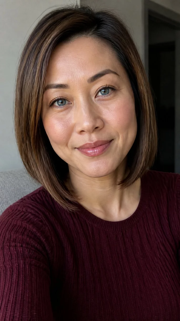 selfie of a 39-year-old East Asian woman with a oblong face, golden brown, narrow nose, feathered eyebrows, and heart-shaped lips. Her face features dimples, faint under-eye shadows, and subtle natural facial asymmetry. She has deep-set blue eyes, soft cheekbones, closed-mouth smile, cheerful. She is petite and is wearing a burgundy knit top with light chestnut brown with deep truffle lowlights sleek bob, soft window light, indoor