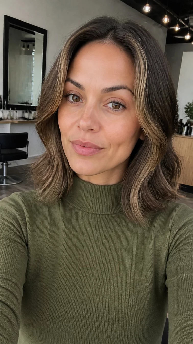 selfie of a 31-year-old Mixed-race woman with a square face, fair, straight nose, softly curved eyebrows, and heart-shaped lips. Her face features dimples, faint under-eye shadows, and subtle natural facial asymmetry. She has upturned amber eyes, high cheekbones, neutral expression, thoughtful. She is petite and is wearing a olive green mock neck sweater with light hazelnut brown face-framing highlights mid-length hair, soft window light, hair salon
