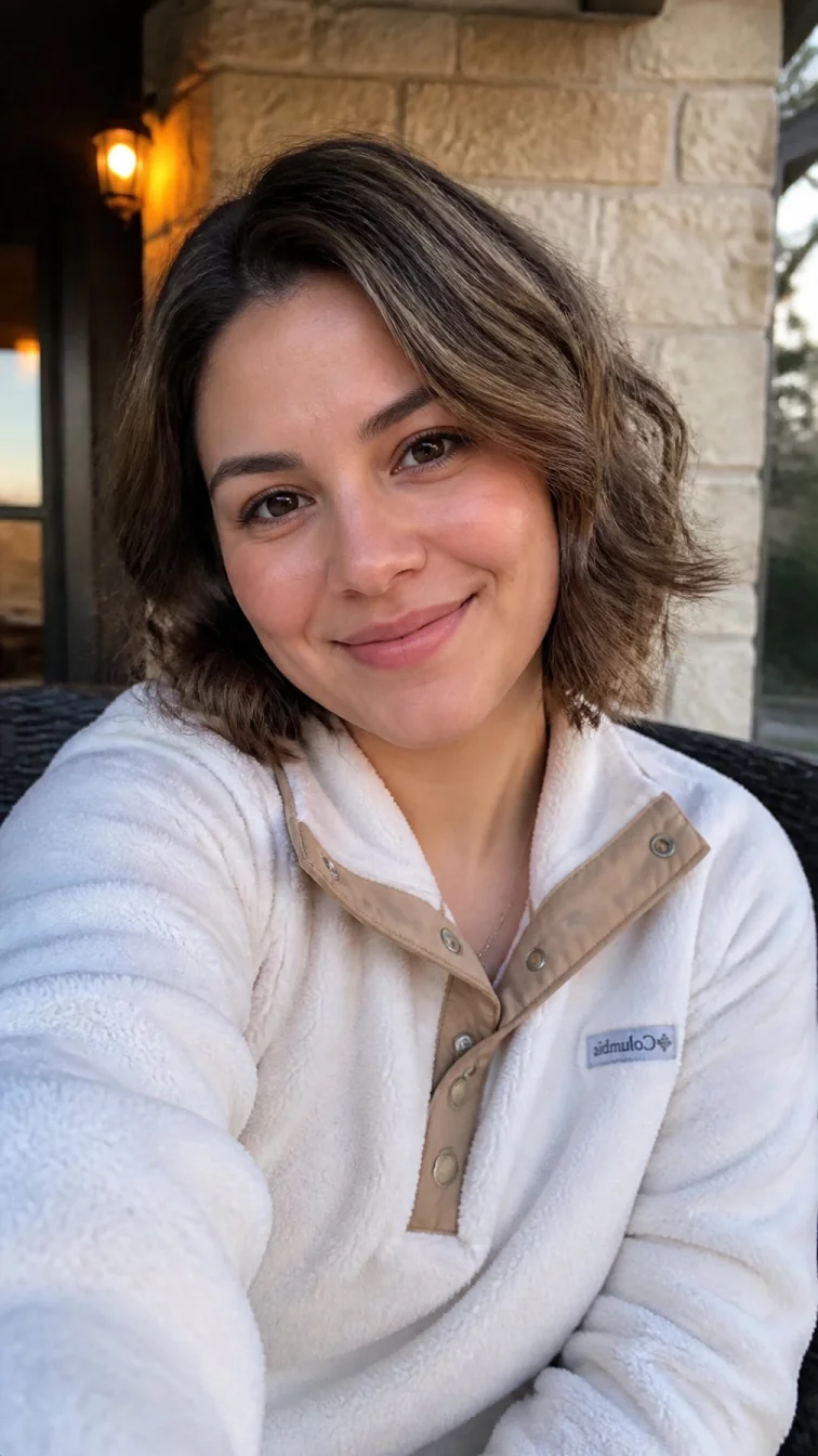 selfie of a 33-year-old Latina woman with a heart-shaped face, fair, upturned nose, feathered eyebrows, and thin lips. Her face features slightly crooked smile, subtle acne marks, and subtle natural facial asymmetry. She has upturned dark brown eyes, high cheekbones, broad smile, cheerful. She is petite and is wearing a white fleece pullover with light brown with very fine gold babylights wavy bob, warm indoor lighting, outdoor